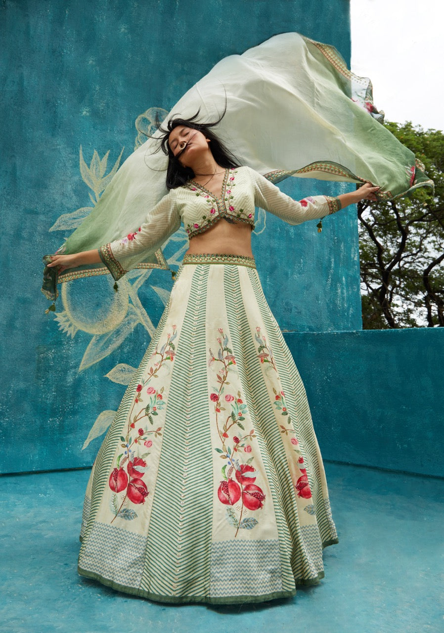 Exquisite Beige & Green Floral Embroidered Lehenga Set with Sheer Dupatta – Designer Ethnic Wear for Weddings & Festive Celebrations