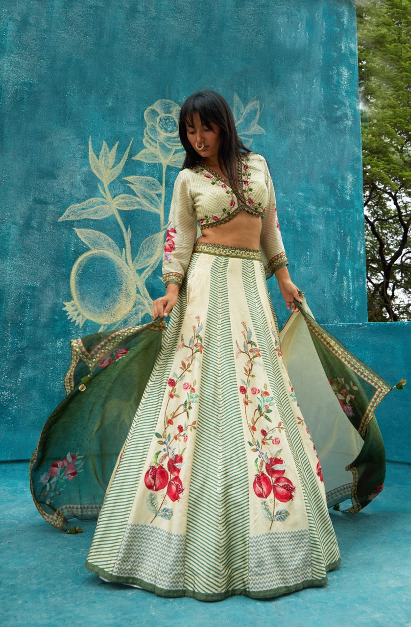 Exquisite Beige & Green Floral Embroidered Lehenga Set with Sheer Dupatta – Designer Ethnic Wear for Weddings & Festive Celebrations