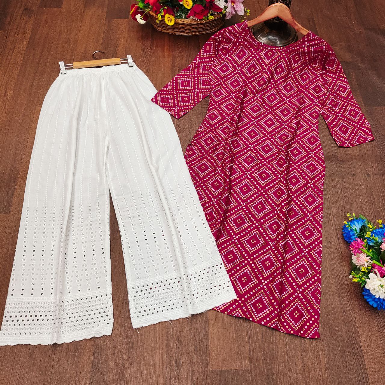 Elegant Bandhani Printed Kurti with White Palazzo Set