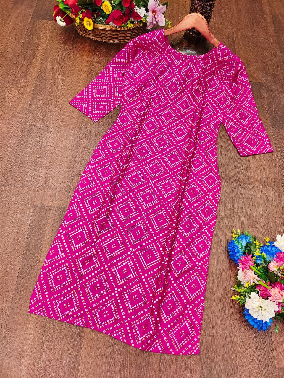 Elegant Bandhani Print Cotton Kurti with 3/4th Sleeves