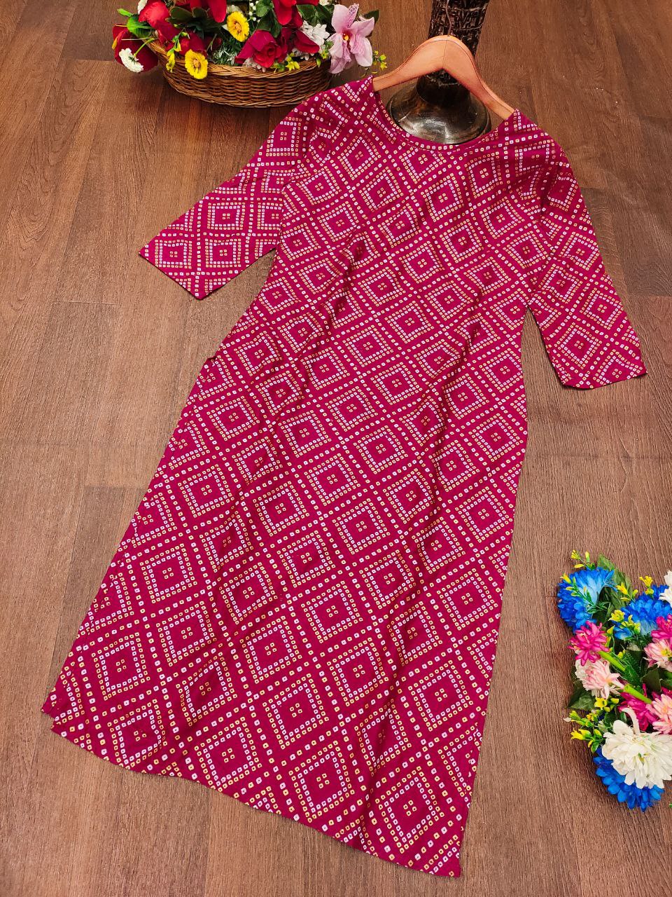 Elegant Bandhani Print Cotton Kurti with 3/4th Sleeves