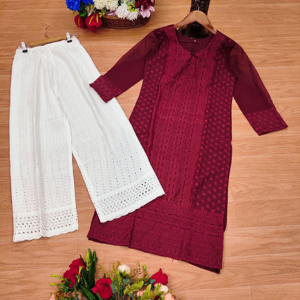 Elegant Maroon Chikankari Embroidered Kurti with Sheer Sleeves & White Cotton Palazzo Set