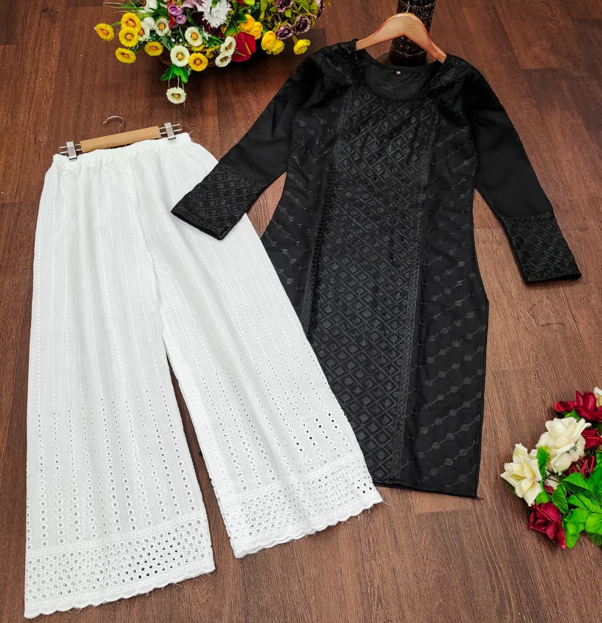 Elegant Chikankari Kurti with White Embroidered Palazzo – Stylish Ethnic Wear for Festive & Casual Occasions