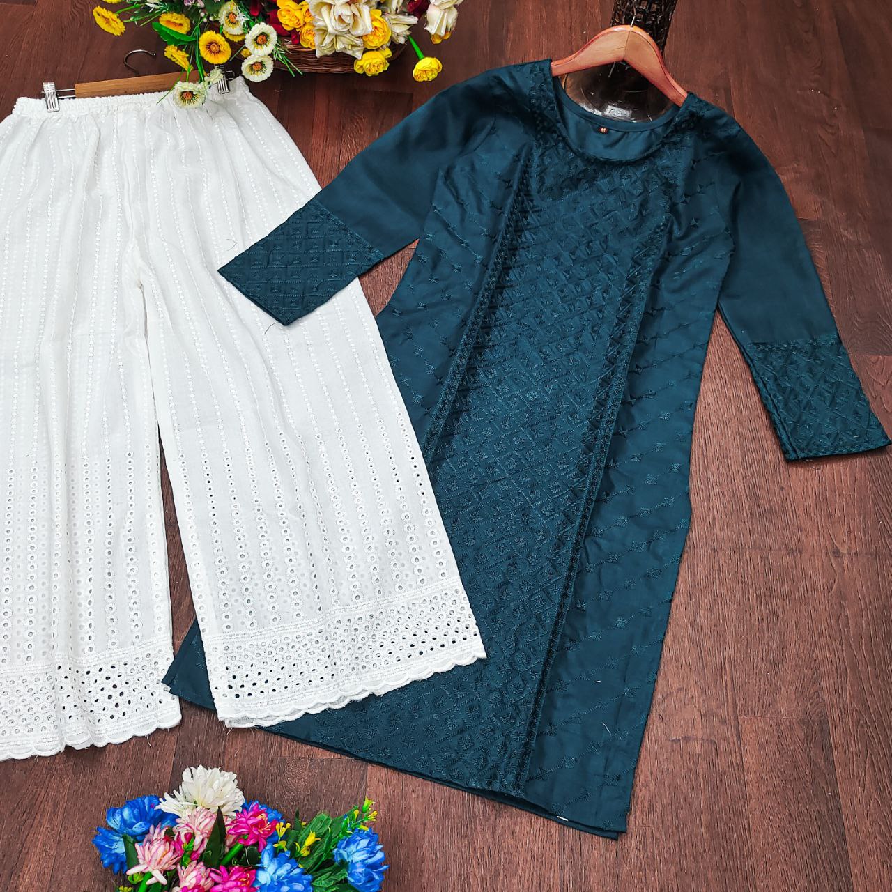 Elegant Chikankari Kurti with White Embroidered Palazzo – Stylish Ethnic Wear for Festive & Casual Occasions