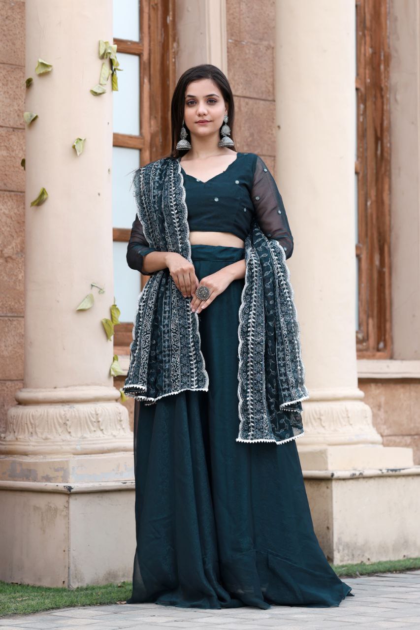 Elegant Teal Ethnic Wear Set with Embroidered Dupatta and Sheer Sleeves