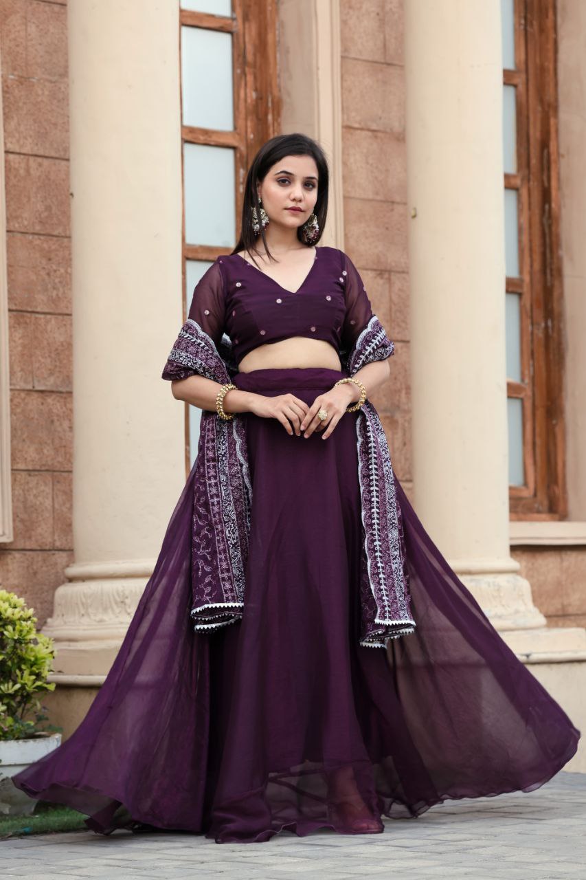 Elegant Purple Ethnic Wear Set with Embroidered Dupatta and Sheer Sleeves